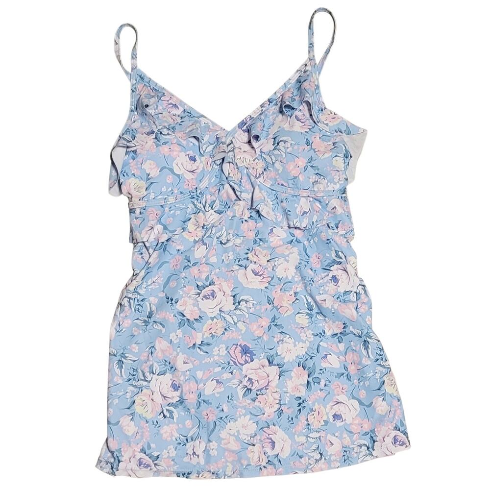 Summer Mae Women's Light Blue Floral Tankini Top with Runched Sides Size S NWT